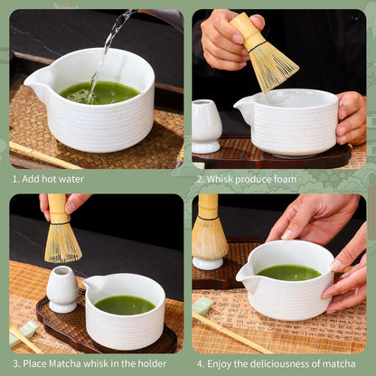 Matcha Whisk Set, Ceramic Matcha Set Includes Matcha Bowl with Spout, Whisk & Holder, Bamboo Scoop, Stainless Sifter, Towel, Matcha Kit Making Tools,Light Green,7 PCS