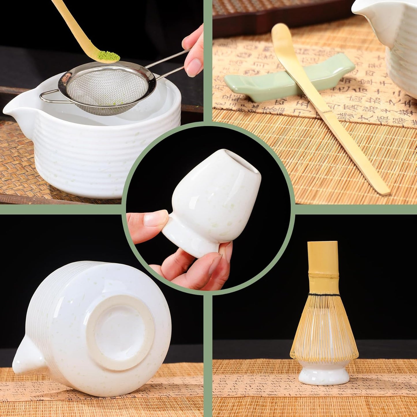 Matcha Whisk Set, Ceramic Matcha Set Includes Matcha Bowl with Spout, Whisk & Holder, Bamboo Scoop, Stainless Sifter, Towel, Matcha Kit Making Tools,Light Green,7 PCS