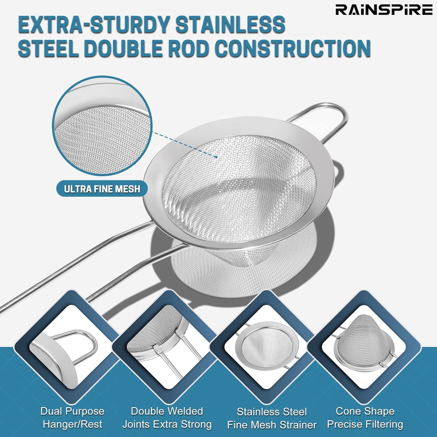 Upgraded 3.3" 304 Stainless Steel Fine Mesh Strainers for Kitchen, Cocktail Strainer Tea Coffee Juice Strainer Food Strainer Mini Sieve Strainer, Silver