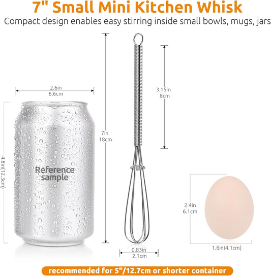 Small Mini Whisks for Cooking, 18/8 Stainless Steel 7" Wisking Tool | Kitchen Mini Wrie Wisk Set of 2, Tiny Mixing Tool with 6-Wire Compact Head, Stirring Beating Coffee/Egg/Sauce in Bowl/Mug/Jar