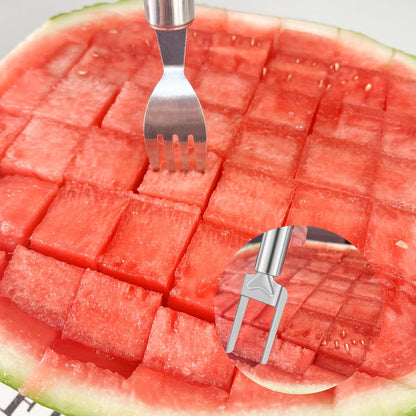 2-in-1 Watermelon Slicer & Fork – Stainless Steel Fruit Cutter Tool for Watermelon, Mango, Pitaya – Portable for Camping, Picnics, Home, Parties – Effortless Cubes & No Mess