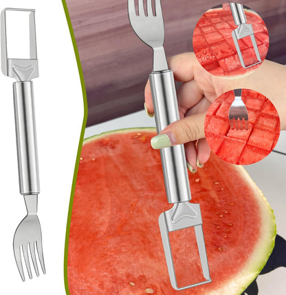 2-in-1 Watermelon Slicer & Fork – Stainless Steel Fruit Cutter Tool for Watermelon, Mango, Pitaya – Portable for Camping, Picnics, Home, Parties – Effortless Cubes & No Mess