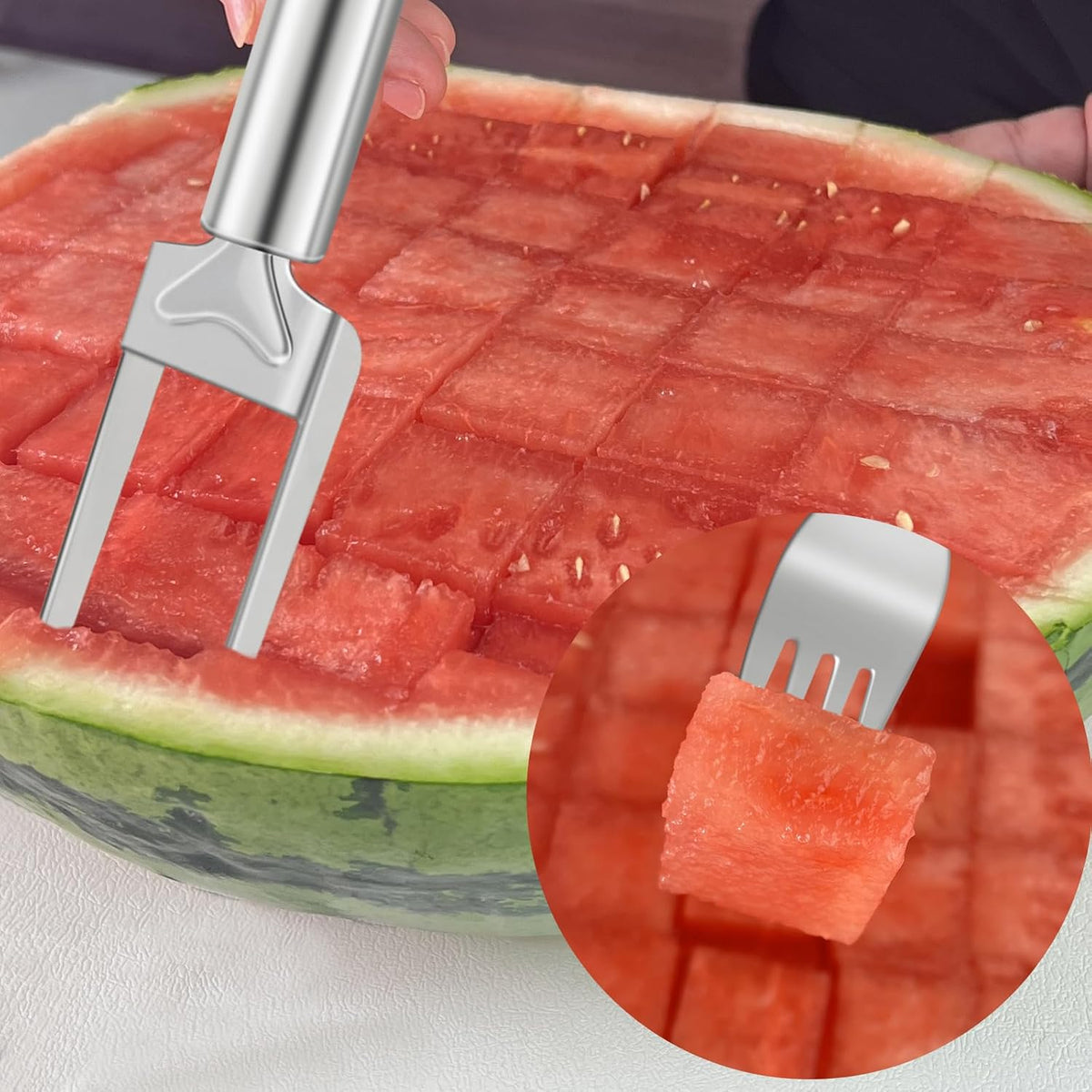 2-in-1 Watermelon Slicer & Fork – Stainless Steel Fruit Cutter Tool for Watermelon, Mango, Pitaya – Portable for Camping, Picnics, Home, Parties – Effortless Cubes & No Mess