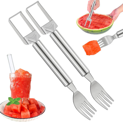 2-in-1 Watermelon Slicer & Fork – Stainless Steel Fruit Cutter Tool for Watermelon, Mango, Pitaya – Portable for Camping, Picnics, Home, Parties – Effortless Cubes & No Mess