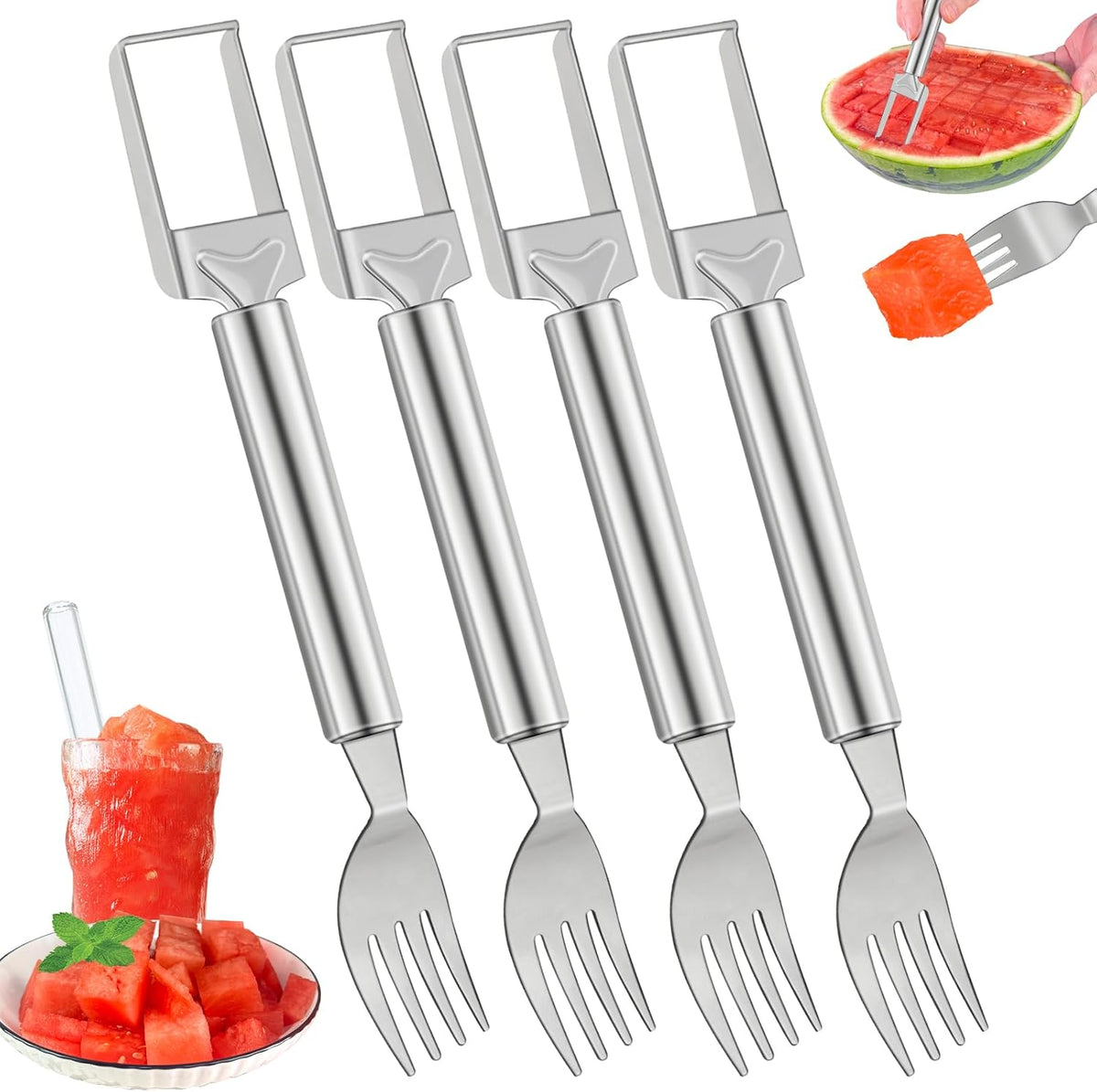 2-in-1 Watermelon Slicer & Fork – Stainless Steel Fruit Cutter Tool for Watermelon, Mango, Pitaya – Portable for Camping, Picnics, Home, Parties – Effortless Cubes & No Mess