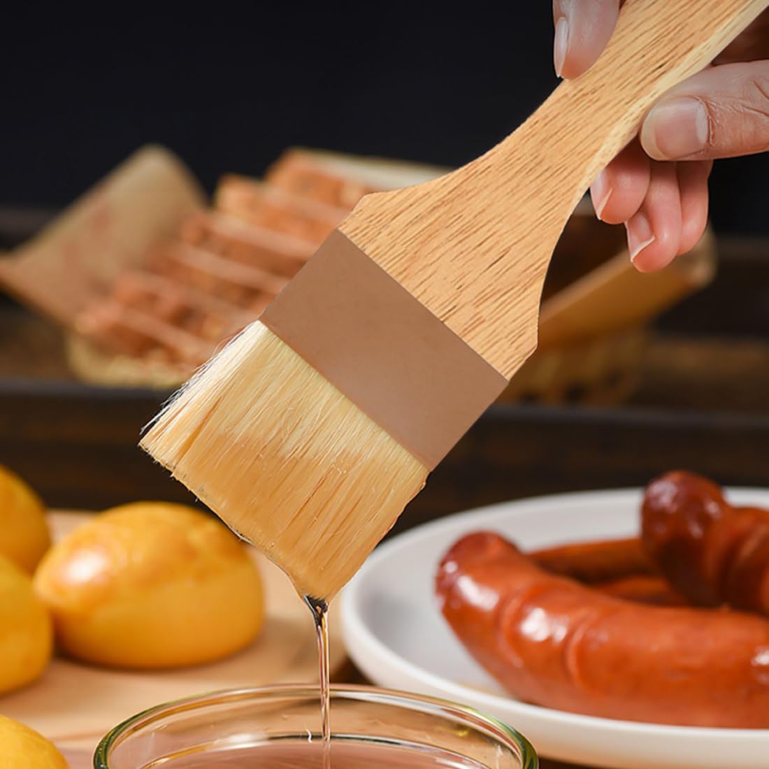 2 Pieces Pastry Brushes Basting Oil Brushes with Boar Bristles, Beech Hardwood Handles Barbecue Grill BBQ Brush for Spreading Butter, 3 Inch Width Kitchen Cooking Baking Brush