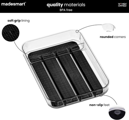 Small Silverware Tray, Compact 5 Compartment Flatware Organizer for Forks, Knives & Spoons, Non Slip, Soft Grip Lining, Fits Small Drawers, Carbon