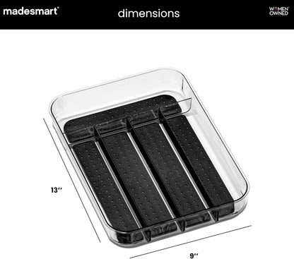 Small Silverware Tray, Compact 5 Compartment Flatware Organizer for Forks, Knives & Spoons, Non Slip, Soft Grip Lining, Fits Small Drawers, Carbon