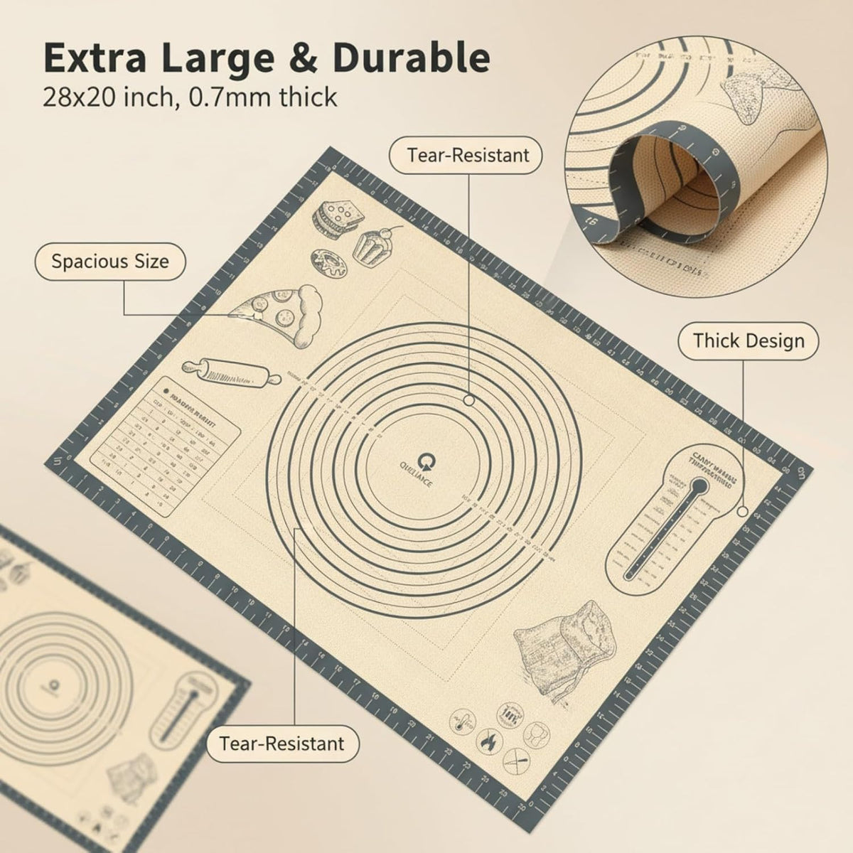 Silicone Baking Pastry Dough Mat - 28x20Inch Extra Large Cookie Bread Rolling Mats Sheet, Nonstick Kitchen Counter Kneading Board, Thick Reusable Pie Cookies Pizza Fondant Making Matt with Measurement
