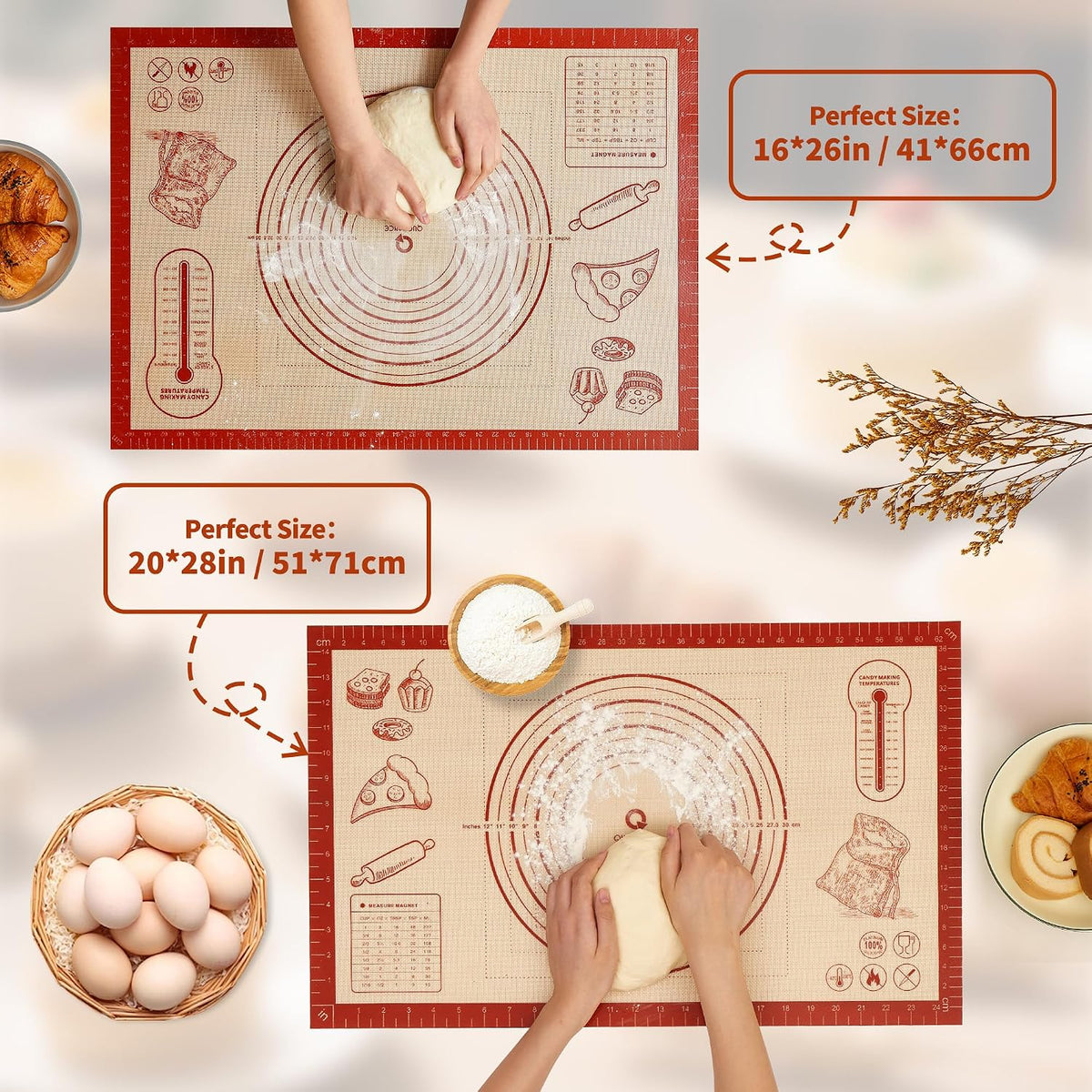 Silicone Baking Pastry Dough Mat - 28x20Inch Extra Large Cookie Bread Rolling Mats Sheet, Nonstick Kitchen Counter Kneading Board, Thick Reusable Pie Cookies Pizza Fondant Making Matt with Measurement