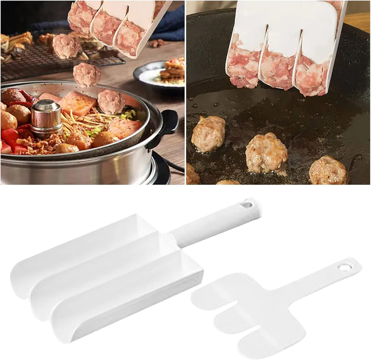 White Creative Kitchen Triple Meatball Maker, Meat Ball Scoop with Cutting Spade Ball Maker, None-Stick Meatball Maker Melon Ballers Fruit and Vegetable Tools