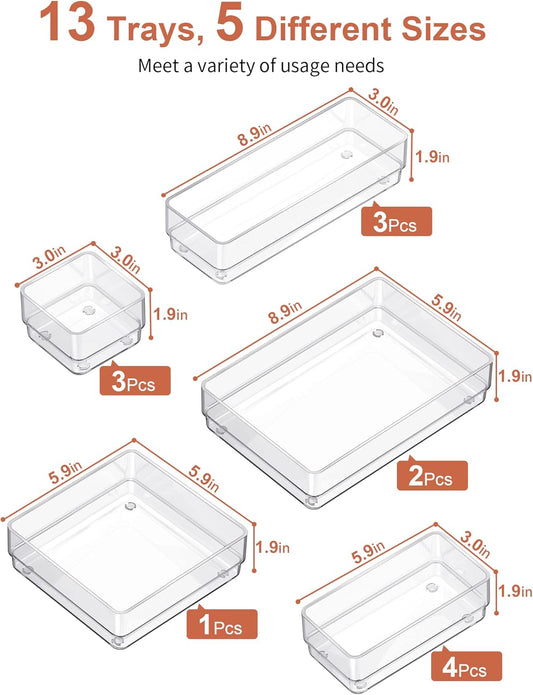 13 PCS Drawer Organizer 5-Size Desk Makeup Drawer Organizer Clear | Storage Trays for Makeup with Non Slip Silicone Pads, Jewelries, Utensils in Bedroom Dresser, Office, Kitchen and Bathroom
