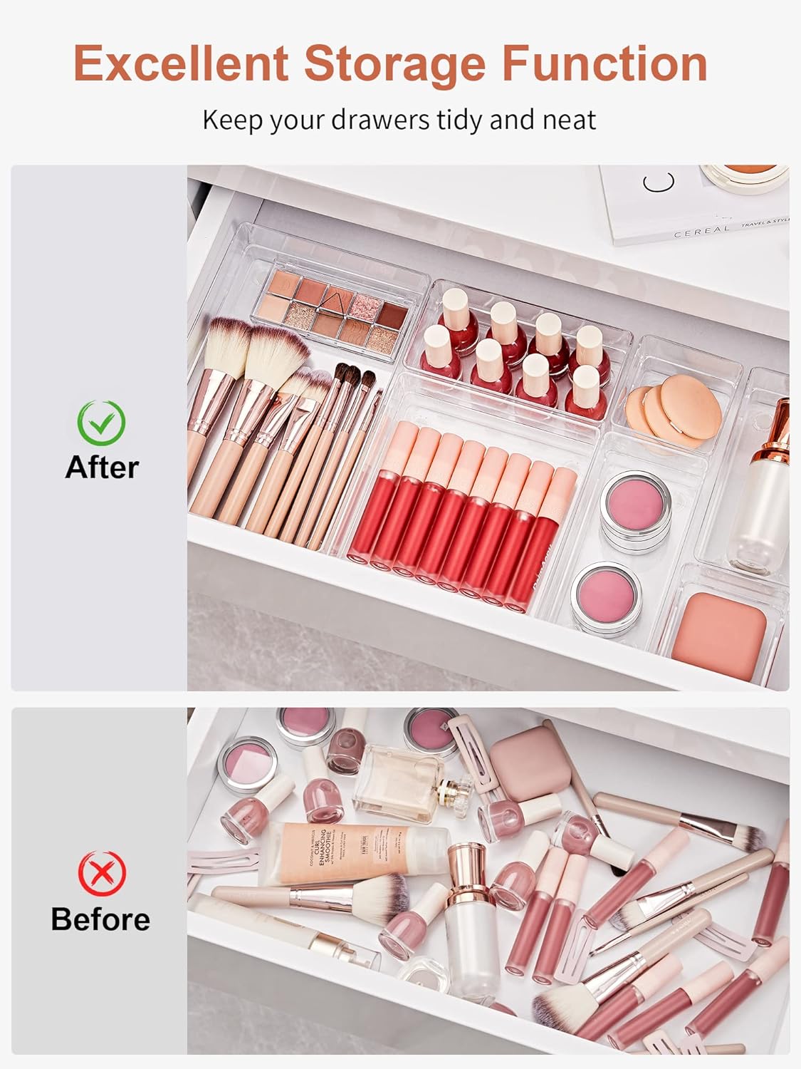 13 PCS Drawer Organizer 5-Size Desk Makeup Drawer Organizer Clear | Storage Trays for Makeup with Non Slip Silicone Pads, Jewelries, Utensils in Bedroom Dresser, Office, Kitchen and Bathroom