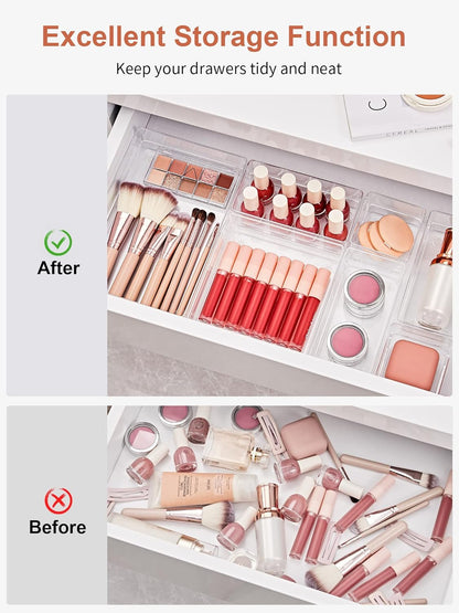 13 PCS Drawer Organizer 5-Size Desk Makeup Drawer Organizer Clear | Storage Trays for Makeup with Non Slip Silicone Pads, Jewelries, Utensils in Bedroom Dresser, Office, Kitchen and Bathroom