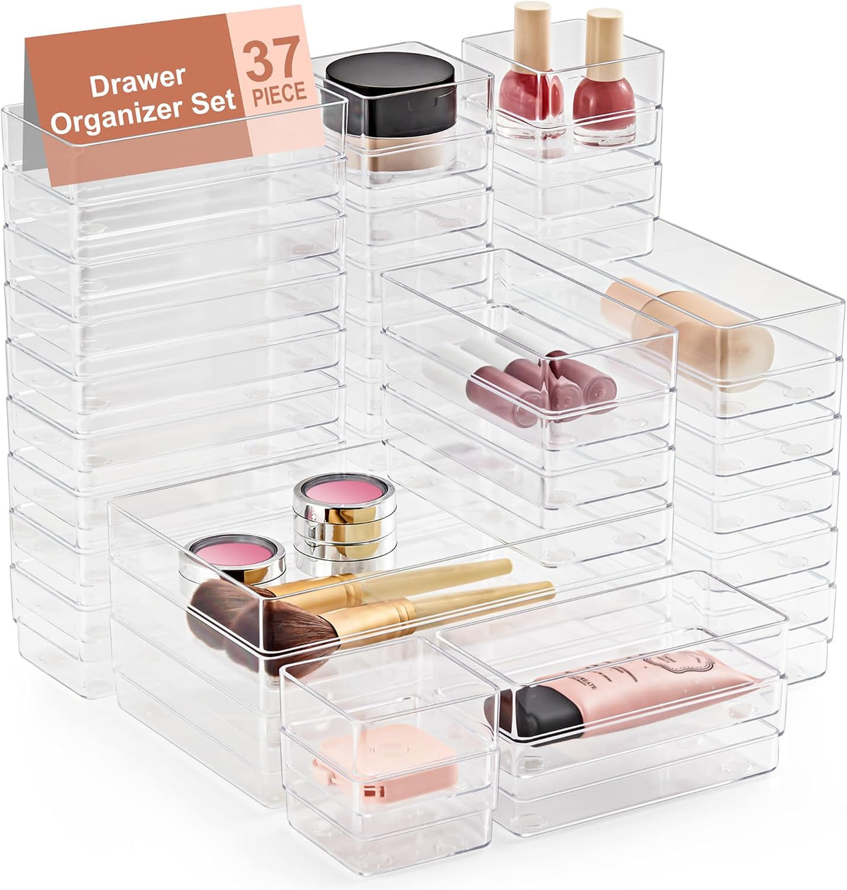 13 PCS Drawer Organizer 5-Size Desk Makeup Drawer Organizer Clear | Storage Trays for Makeup with Non Slip Silicone Pads, Jewelries, Utensils in Bedroom Dresser, Office, Kitchen and Bathroom