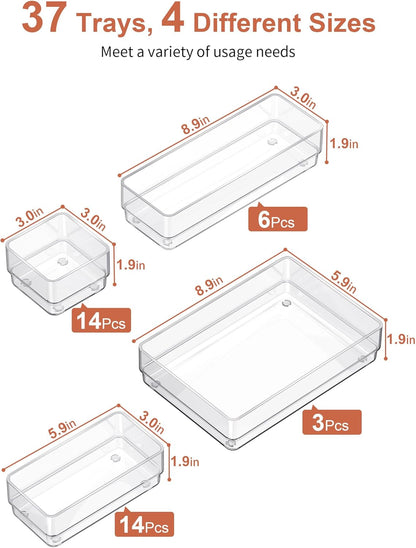 13 PCS Drawer Organizer 5-Size Desk Makeup Drawer Organizer Clear | Storage Trays for Makeup with Non Slip Silicone Pads, Jewelries, Utensils in Bedroom Dresser, Office, Kitchen and Bathroom