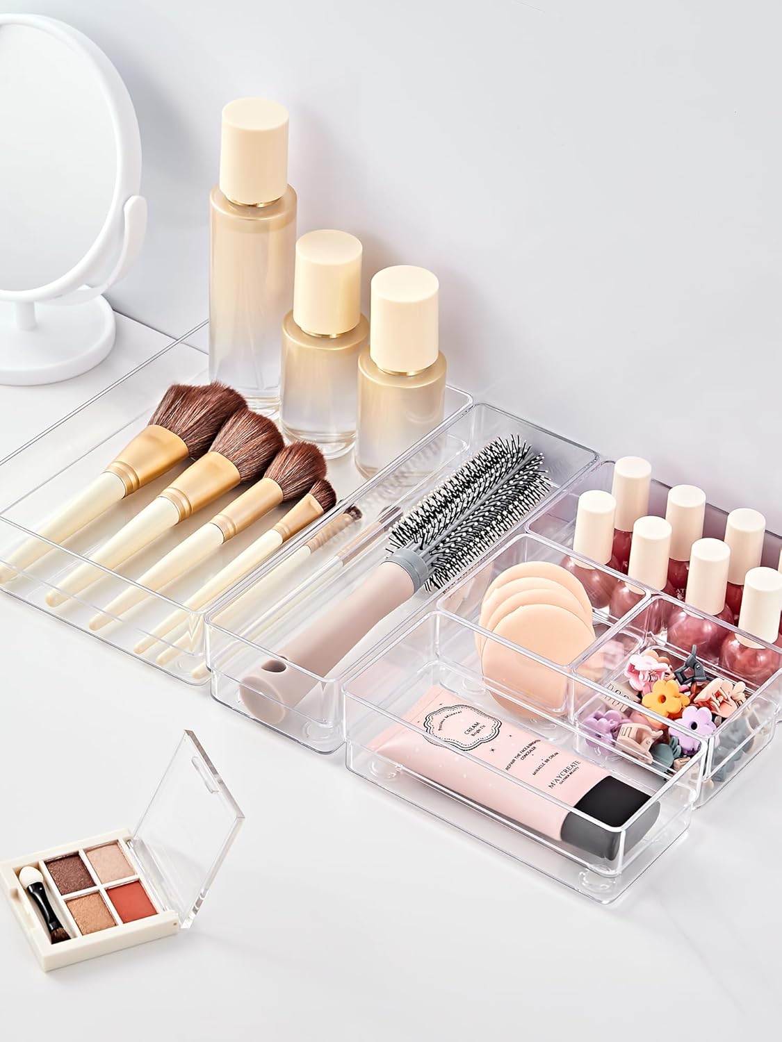 13 PCS Drawer Organizer 5-Size Desk Makeup Drawer Organizer Clear | Storage Trays for Makeup with Non Slip Silicone Pads, Jewelries, Utensils in Bedroom Dresser, Office, Kitchen and Bathroom