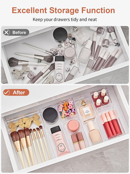 13 PCS Drawer Organizer 5-Size Desk Makeup Drawer Organizer Clear | Storage Trays for Makeup with Non Slip Silicone Pads, Jewelries, Utensils in Bedroom Dresser, Office, Kitchen and Bathroom