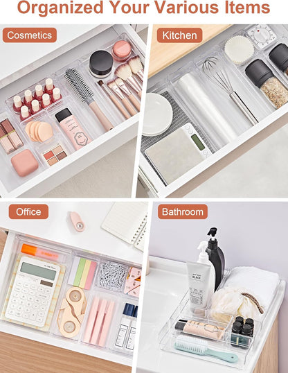 13 PCS Drawer Organizer 5-Size Desk Makeup Drawer Organizer Clear | Storage Trays for Makeup with Non Slip Silicone Pads, Jewelries, Utensils in Bedroom Dresser, Office, Kitchen and Bathroom