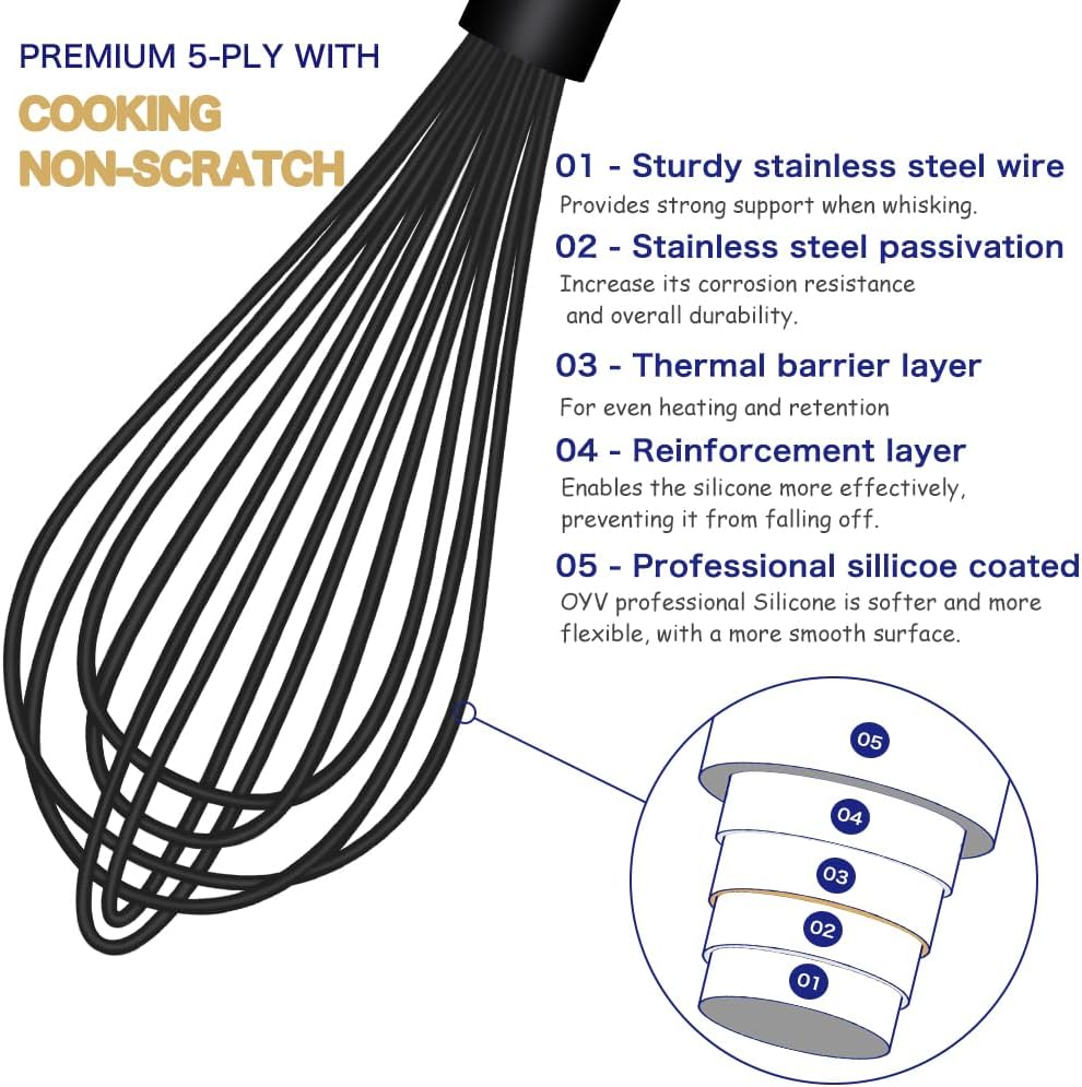 Dishwasher Safe Silicone Whisk, Sealed Waterproof Design Set of 3, Professional Kitchen Whisks for Cooking Non-Scratch, Silicone & Stainless Steel Whisk, Heat Resistant Balloon Egg Beater, Black