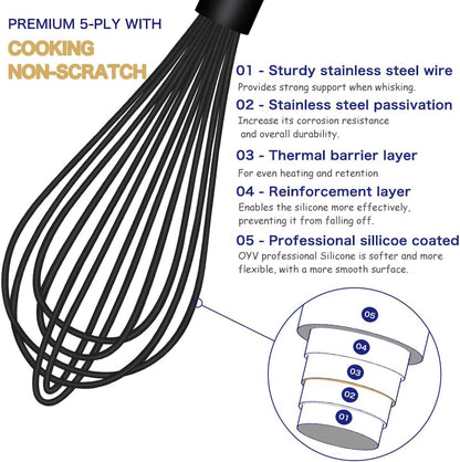 Dishwasher Safe Silicone Whisk, Sealed Waterproof Design Set of 3, Professional Kitchen Whisks for Cooking Non-Scratch, Silicone & Stainless Steel Whisk, Heat Resistant Balloon Egg Beater, Black