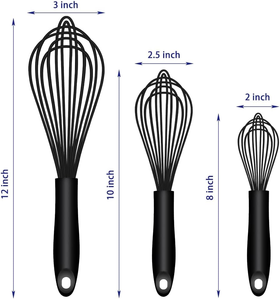 Dishwasher Safe Silicone Whisk, Sealed Waterproof Design Set of 3, Professional Kitchen Whisks for Cooking Non-Scratch, Silicone & Stainless Steel Whisk, Heat Resistant Balloon Egg Beater, Black