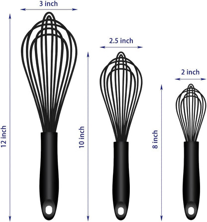 Dishwasher Safe Silicone Whisk, Sealed Waterproof Design Set of 3, Professional Kitchen Whisks for Cooking Non-Scratch, Silicone & Stainless Steel Whisk, Heat Resistant Balloon Egg Beater, Black