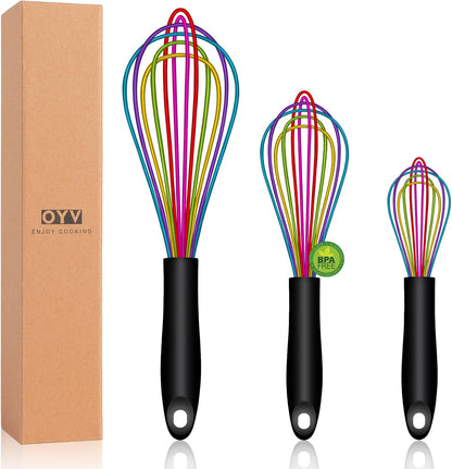 Dishwasher Safe Silicone Whisk, Sealed Waterproof Design Set of 3, Professional Kitchen Whisks for Cooking Non-Scratch, Silicone & Stainless Steel Whisk, Heat Resistant Balloon Egg Beater, Black