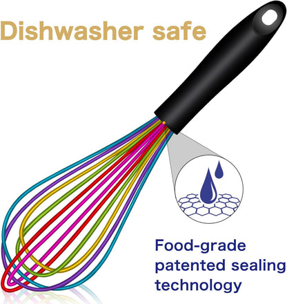 Dishwasher Safe Silicone Whisk, Sealed Waterproof Design Set of 3, Professional Kitchen Whisks for Cooking Non-Scratch, Silicone & Stainless Steel Whisk, Heat Resistant Balloon Egg Beater, Black