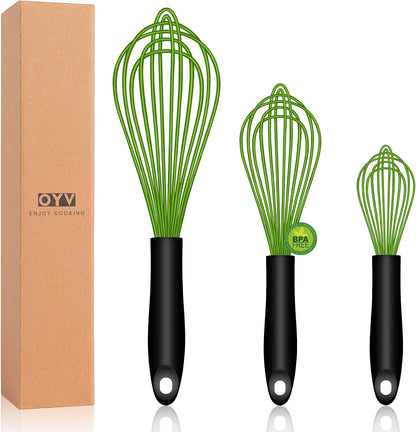 Dishwasher Safe Silicone Whisk, Sealed Waterproof Design Set of 3, Professional Kitchen Whisks for Cooking Non-Scratch, Silicone & Stainless Steel Whisk, Heat Resistant Balloon Egg Beater, Black