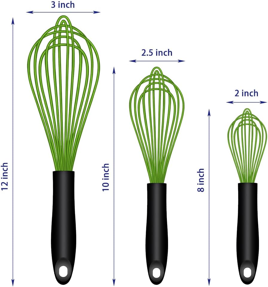 Dishwasher Safe Silicone Whisk, Sealed Waterproof Design Set of 3, Professional Kitchen Whisks for Cooking Non-Scratch, Silicone & Stainless Steel Whisk, Heat Resistant Balloon Egg Beater, Black