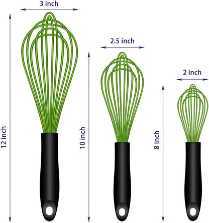 Dishwasher Safe Silicone Whisk, Sealed Waterproof Design Set of 3, Professional Kitchen Whisks for Cooking Non-Scratch, Silicone & Stainless Steel Whisk, Heat Resistant Balloon Egg Beater, Black