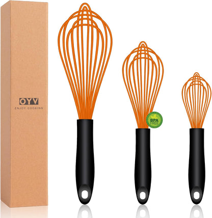 Dishwasher Safe Silicone Whisk, Sealed Waterproof Design Set of 3, Professional Kitchen Whisks for Cooking Non-Scratch, Silicone & Stainless Steel Whisk, Heat Resistant Balloon Egg Beater, Black