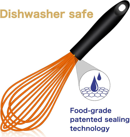 Dishwasher Safe Silicone Whisk, Sealed Waterproof Design Set of 3, Professional Kitchen Whisks for Cooking Non-Scratch, Silicone & Stainless Steel Whisk, Heat Resistant Balloon Egg Beater, Black