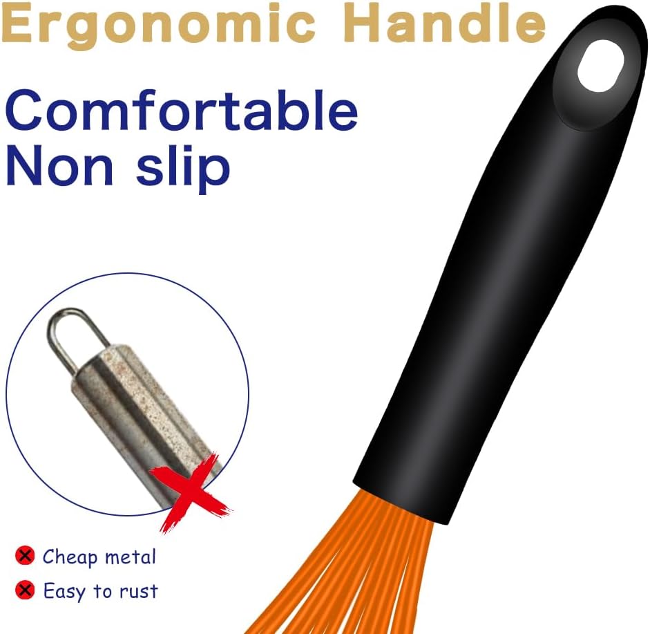 Dishwasher Safe Silicone Whisk, Sealed Waterproof Design Set of 3, Professional Kitchen Whisks for Cooking Non-Scratch, Silicone & Stainless Steel Whisk, Heat Resistant Balloon Egg Beater, Black