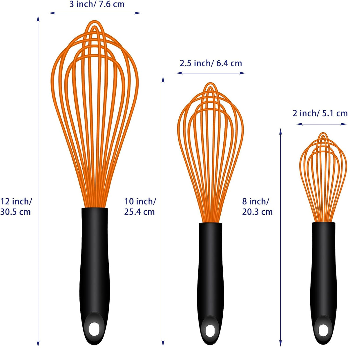 Dishwasher Safe Silicone Whisk, Sealed Waterproof Design Set of 3, Professional Kitchen Whisks for Cooking Non-Scratch, Silicone & Stainless Steel Whisk, Heat Resistant Balloon Egg Beater, Black
