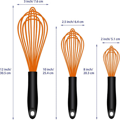 Dishwasher Safe Silicone Whisk, Sealed Waterproof Design Set of 3, Professional Kitchen Whisks for Cooking Non-Scratch, Silicone & Stainless Steel Whisk, Heat Resistant Balloon Egg Beater, Black