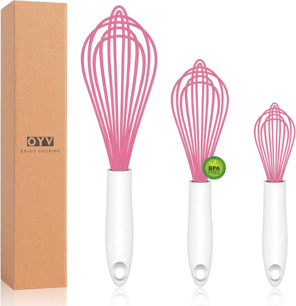 Dishwasher Safe Silicone Whisk, Sealed Waterproof Design Set of 3, Professional Kitchen Whisks for Cooking Non-Scratch, Silicone & Stainless Steel Whisk, Heat Resistant Balloon Egg Beater, Black