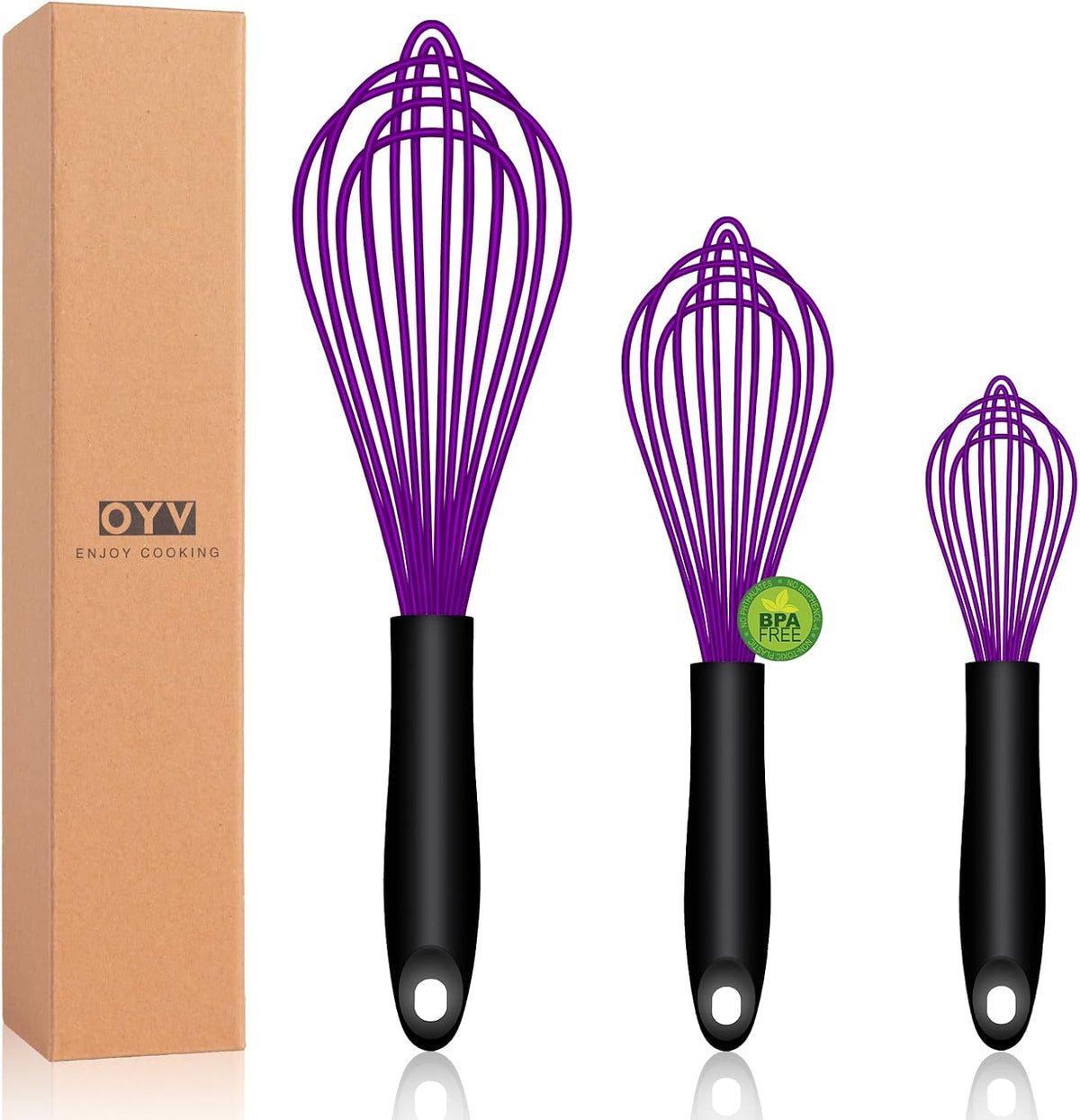 Dishwasher Safe Silicone Whisk, Sealed Waterproof Design Set of 3, Professional Kitchen Whisks for Cooking Non-Scratch, Silicone & Stainless Steel Whisk, Heat Resistant Balloon Egg Beater, Black