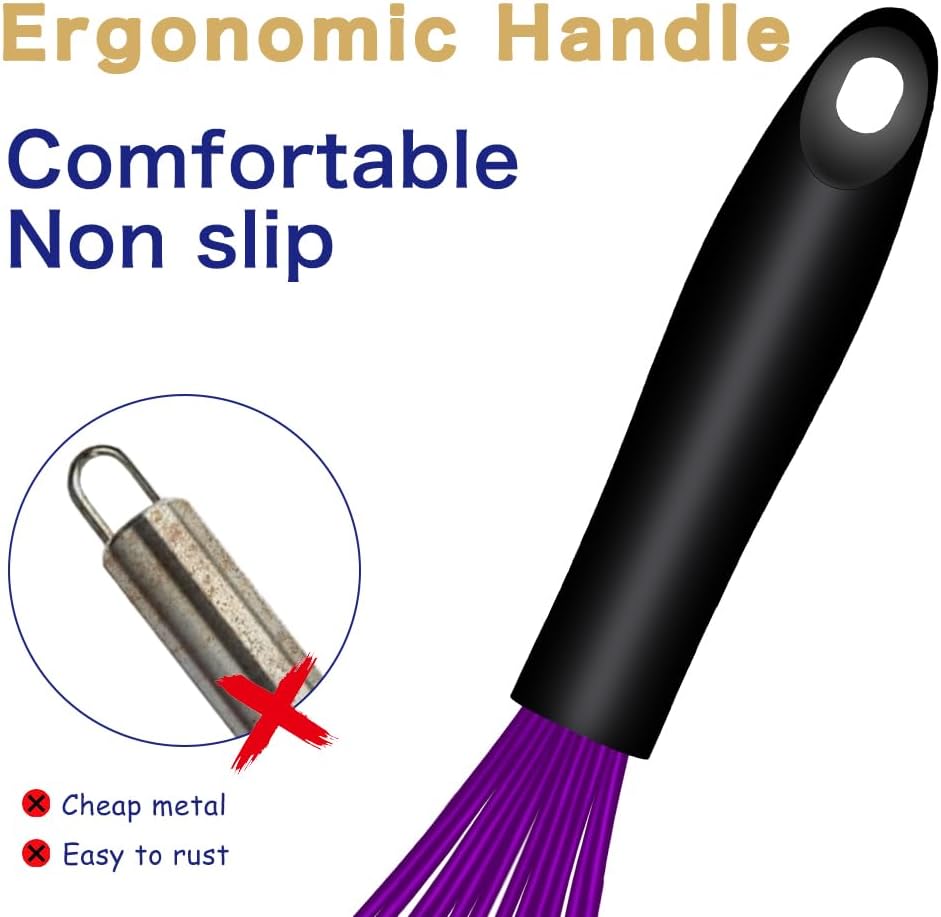 Dishwasher Safe Silicone Whisk, Sealed Waterproof Design Set of 3, Professional Kitchen Whisks for Cooking Non-Scratch, Silicone & Stainless Steel Whisk, Heat Resistant Balloon Egg Beater, Black