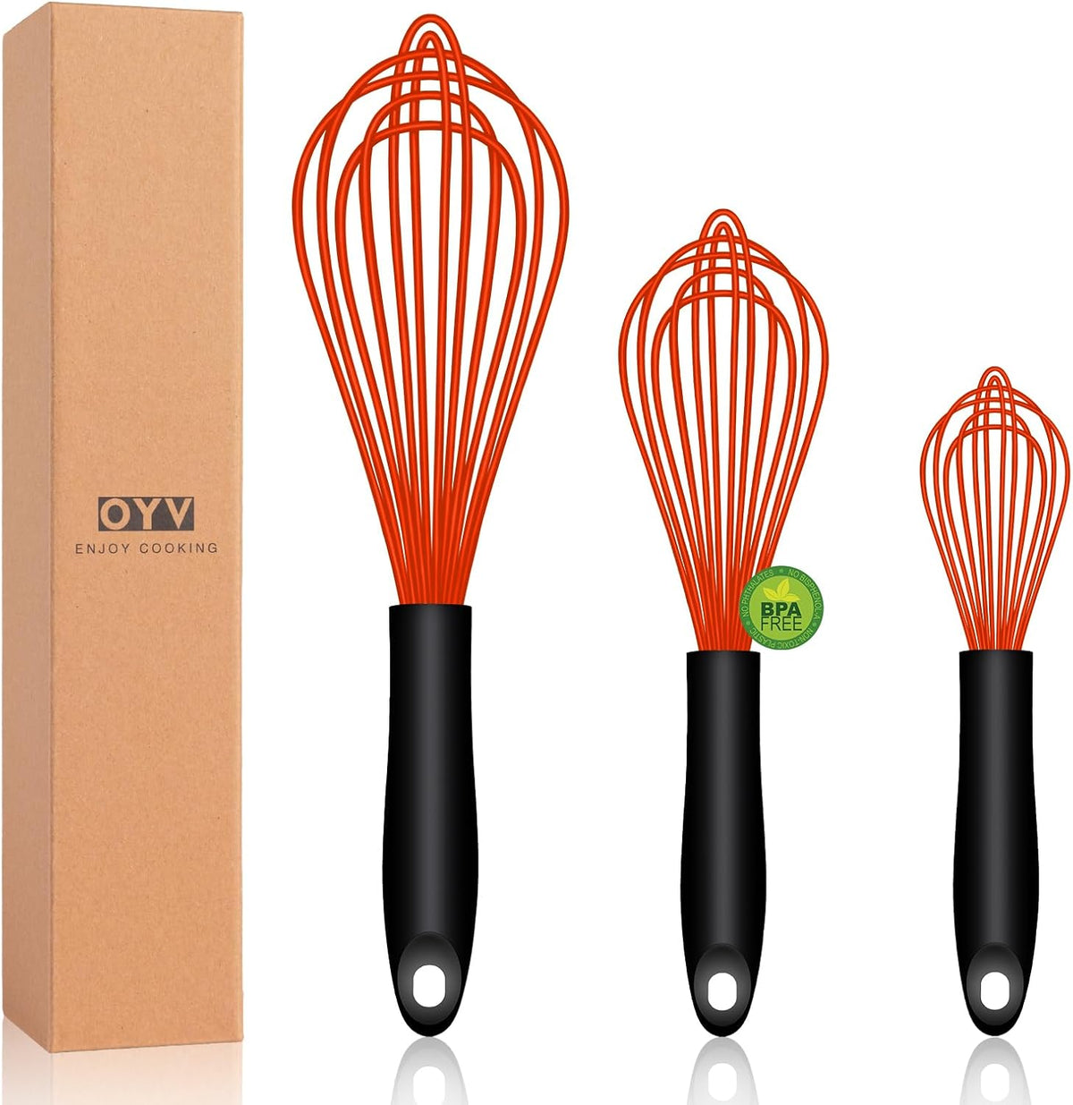 Dishwasher Safe Silicone Whisk, Sealed Waterproof Design Set of 3, Professional Kitchen Whisks for Cooking Non-Scratch, Silicone & Stainless Steel Whisk, Heat Resistant Balloon Egg Beater, Black