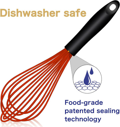 Dishwasher Safe Silicone Whisk, Sealed Waterproof Design Set of 3, Professional Kitchen Whisks for Cooking Non-Scratch, Silicone & Stainless Steel Whisk, Heat Resistant Balloon Egg Beater, Black