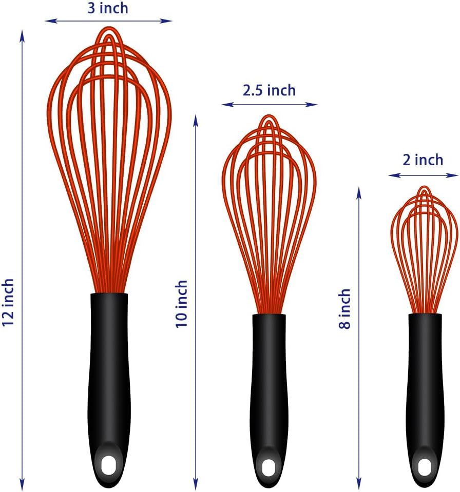 Dishwasher Safe Silicone Whisk, Sealed Waterproof Design Set of 3, Professional Kitchen Whisks for Cooking Non-Scratch, Silicone & Stainless Steel Whisk, Heat Resistant Balloon Egg Beater, Black
