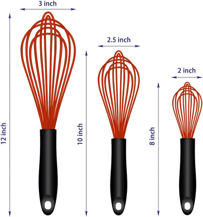 Dishwasher Safe Silicone Whisk, Sealed Waterproof Design Set of 3, Professional Kitchen Whisks for Cooking Non-Scratch, Silicone & Stainless Steel Whisk, Heat Resistant Balloon Egg Beater, Black