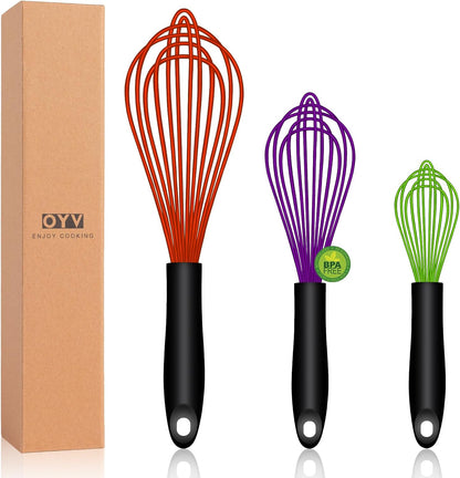 Dishwasher Safe Silicone Whisk, Sealed Waterproof Design Set of 3, Professional Kitchen Whisks for Cooking Non-Scratch, Silicone & Stainless Steel Whisk, Heat Resistant Balloon Egg Beater, Black