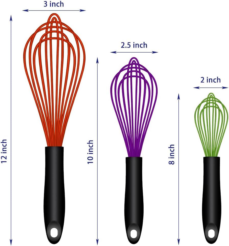 Dishwasher Safe Silicone Whisk, Sealed Waterproof Design Set of 3, Professional Kitchen Whisks for Cooking Non-Scratch, Silicone & Stainless Steel Whisk, Heat Resistant Balloon Egg Beater, Black