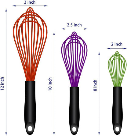 Dishwasher Safe Silicone Whisk, Sealed Waterproof Design Set of 3, Professional Kitchen Whisks for Cooking Non-Scratch, Silicone & Stainless Steel Whisk, Heat Resistant Balloon Egg Beater, Black