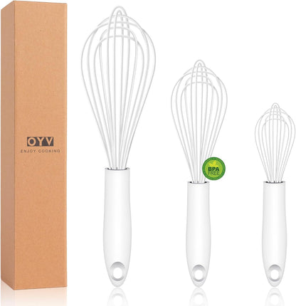 Dishwasher Safe Silicone Whisk, Sealed Waterproof Design Set of 3, Professional Kitchen Whisks for Cooking Non-Scratch, Silicone & Stainless Steel Whisk, Heat Resistant Balloon Egg Beater, Black