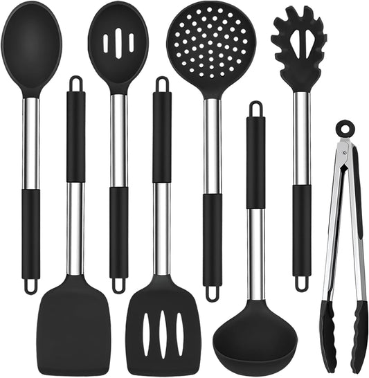 Kitchen Utensils Set of 8, Silicone Utensils Kitchen Tools Set | with Stainless Steel Handle, for Frying Serving Flipping Draining, Non-toxic & Heatproof, Nonstick & Dishwasher Safe - Black