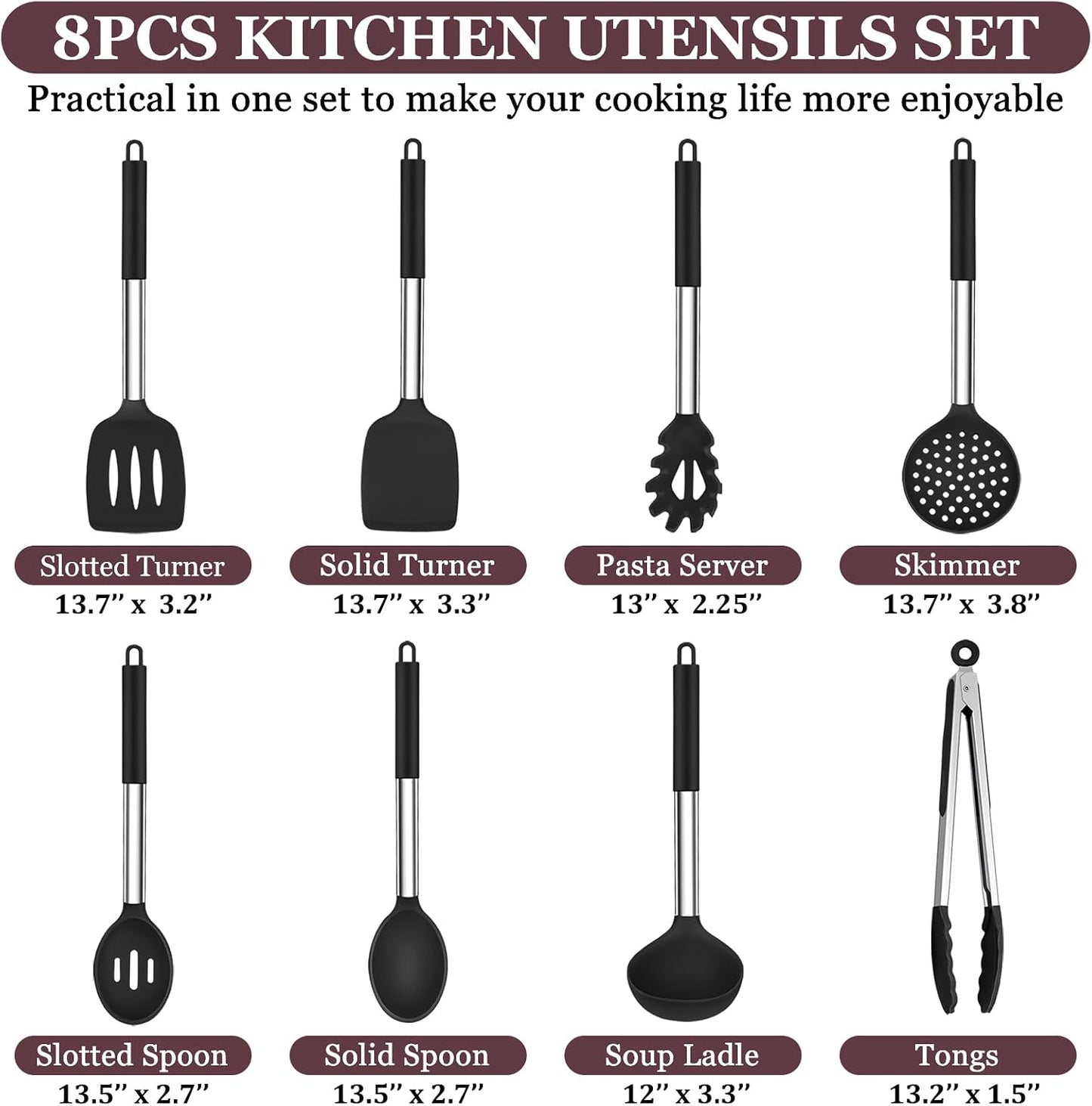 Kitchen Utensils Set of 8, Silicone Utensils Kitchen Tools Set | with Stainless Steel Handle, for Frying Serving Flipping Draining, Non-toxic & Heatproof, Nonstick & Dishwasher Safe - Black